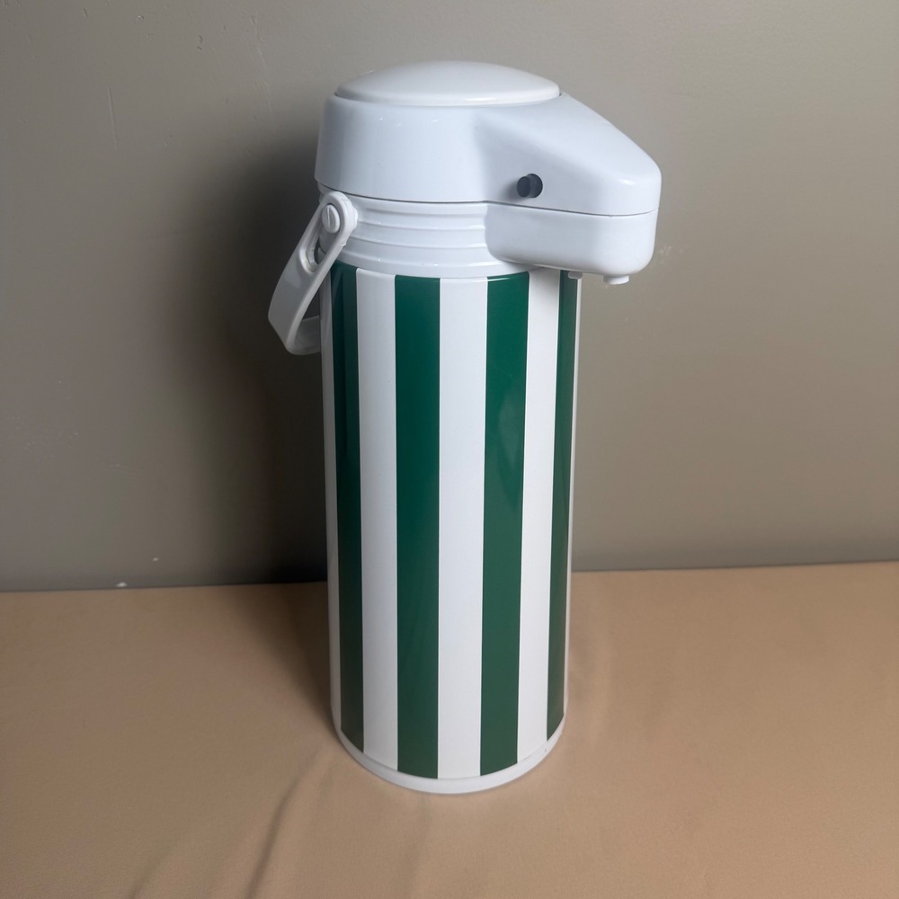 Vintage Stotter Green White Stripe Airpot Pump Thermos Coffee Carafe 1980s